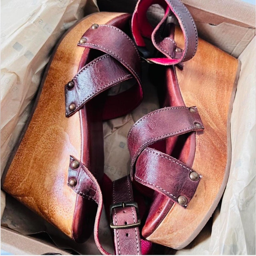 Bed|Stu Grettell Leather Wood Platform Studded Wedge Sandals 10 Brown Burgundy - Picture 11 of 12